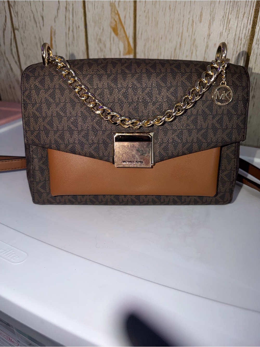 Michael Kors Brown and Tan Logo Chain Crossbody Bag